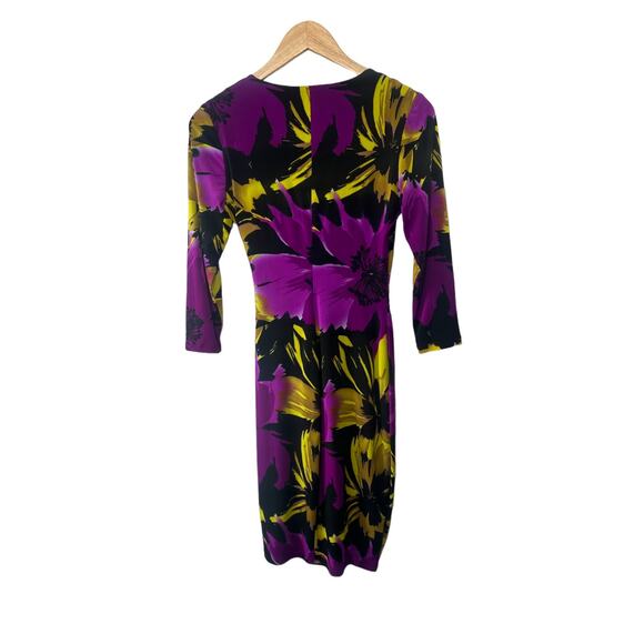 CACHE Purple & Black Tropical Floral Faux Sheath Wrap Dress Women's Small - Picture 6 of 7